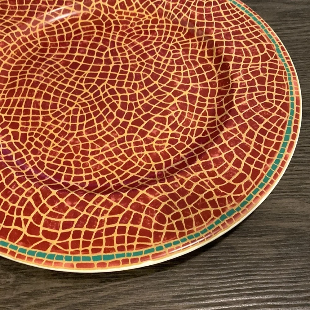 Pier 1 Mosaic Fruit large plate. Red with gold, green trim. 12.25” diameter.